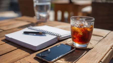 A refreshing drink with ice sits on a wooden table next to a smartphone and notepad, capturing a perfect moment for work breaks or leisurely afternoons in the sun.の素材