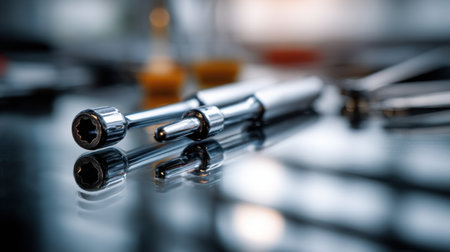 Close-up view of chrome-plated socket wrench tools showcasing their shine and reflection, ideal for automotive repairs and industrial paperwork visuals.の素材