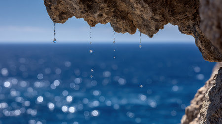 Water droplets hang delicately from a rugged rock formation, framing a beautiful blue ocean view under a bright sky, creating a serene and tranquil atmosphere.の素材
