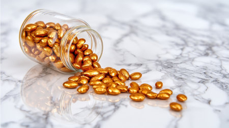 A stunning display of shiny golden chocolate candies spilling from a glass jar on a marble slab, ideal for showcasing delicious treats and festive celebrations.の素材