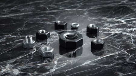 A collection of various metal fasteners, including nuts and bolts, arranged on a glossy dark marble surface, showcasing their shapes and finishes in a visually striking display.の素材