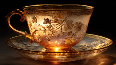 A beautiful golden tea cup with intricate floral patterns shines softly in the light, creating a warm, inviting atmosphere perfect for vintage and decorative photography.の素材