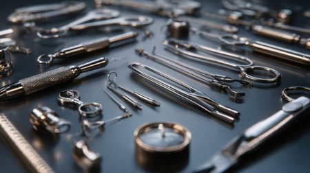 A meticulously arranged collection of surgical instruments displayed on a reflective surface, showcasing tools essential for medical procedures and emphasizing precision and quality.の素材