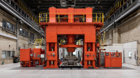 A bright orange industrial press stands prominently in a manufacturing facility, representing advanced technology and processes in a modern production environment.の素材