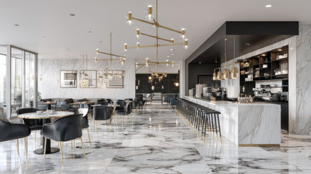 Experience the essence of modern design with this elegant cafe interior, featuring stunning marble floors and stylish lighting that creates a warm and inviting atmosphere for guests.の素材