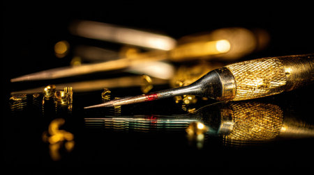 A mesmerizing close-up image of artistic tools reflecting light against a dark surface, showcasing their elegant design and precision, perfect for artists and designers.の素材