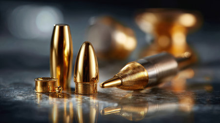This stunning close-up showcases beautifully crafted gold bullets and accessories, reflecting light and highlighting the intricate designs and luxurious appeal of modern craftsmanship.の素材