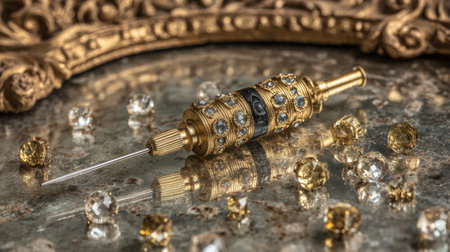 A stunning vintage jewelry tool in gold, embellished with gemstones, rests elegantly on a marble surface, surrounded by sparkling gems, ideal for collectors and artisans.の素材