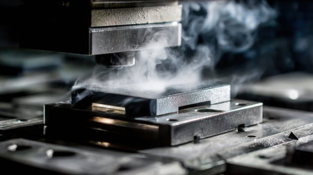 An intricate close-up image of an industrial metal press in action, showcasing steam and precise mechanics within a manufacturing setting, highlighting technology and innovation.の素材