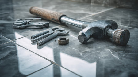 A close-up image presenting essential hand tools including a hammer and adjustable wrench on a dark marble surface, ideal for DIY and repair projects in homes or workshops.の素材