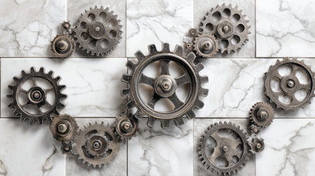 A captivating arrangement of vintage gears and cogs on stylish marble tiles, symbolizing precision and engineering aesthetics for diverse creative projects and designs.の素材
