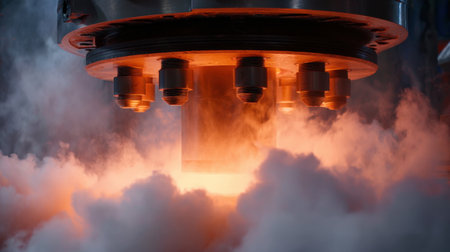 Captivating close-up of a rocket engine ignition showcasing powerful flames and dramatic smoke, embodying the essence of aerospace engineering and technological advancement.の素材