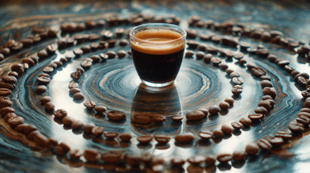 A captivating close-up of a rich espresso shot showcased on an elegant wooden surface, beautifully framed by a spiral arrangement of coffee beans. Perfect for coffee enthusiasts.の素材