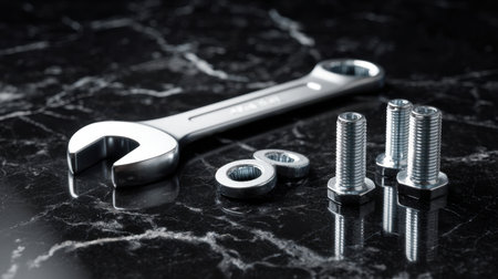 A shiny chrome wrench and fasteners arranged on a sleek black marble surface, ideal for tool-related themes, maintenance projects, and professional mechanics.の素材