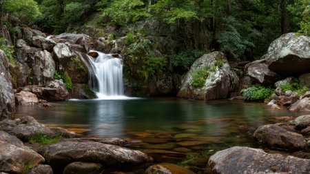 A stunning waterfall cascades gracefully into a calm pool, surrounded by vibrant greenery and rugged rocks, creating a serene and picturesque natural setting perfect for relaxation and exploration.の素材