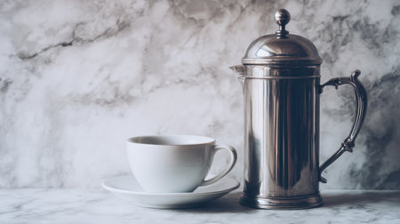 An elegantly styled silver French press next to a white coffee cup on a marble surface, capturing the essence of minimalist design and inviting coffee moments in any setting.の素材