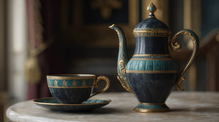 This exquisite porcelain tea set showcases a beautifully crafted teapot and cup, adorned with intricate gold detailing. Perfect for elegant dining experiences or decorative displays.の素材