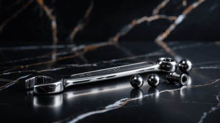 This image showcases a chrome open-end wrench resting on dark marble with small metallic balls and a screw, perfect for automotive and mechanics themes.の素材
