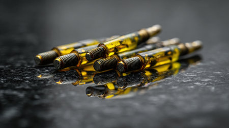 This image features clear vials filled with yellow liquid, beautifully reflecting on a dark surface. Ideal for showcasing oil-based products or laboratory settings.の素材
