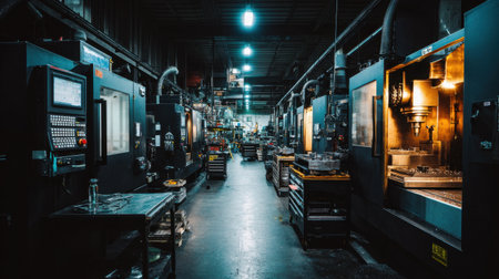 An expansive view of an industrial manufacturing facility showcasing advanced machines, organized tools, and a well-structured environment for precision engineering activities.の素材