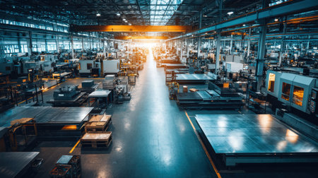 A spacious manufacturing facility showcasing a well-organized assembly line filled with advanced machinery and tools, illuminated by natural light from large windows.の素材