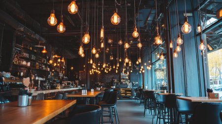 This image showcases a cozy modern cafe interior featuring warm lighting and rustic decor, ideal for gatherings and relaxing moments with friends in a stylish urban setting.の素材