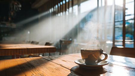 A serene still life image showcasing a warm cup of coffee emitting steam, bathed in sunlight in a cozy cafの素材