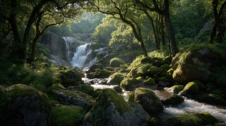 A breathtaking waterfall cascades through a vibrant forest, surrounded by moss-covered rocks, creating a serene and peaceful natural environment perfect for relaxation and exploration.の素材
