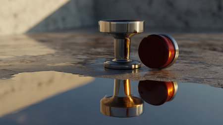 A captivating image featuring a metallic base and a red lid on a reflective surface, playing with light and shadow to create an intriguing contemporary scene.の素材