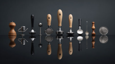 An array of kitchen utensils displayed on a reflective surface, showcasing various designs and materials ideal for cooking and food preparation in modern homes or restaurants.の素材