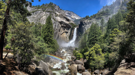 A breathtaking view of a waterfall cascading through a stunning landscape, accompanied by a vibrant rainbow and lush greenery, capturing nature's beauty in Yosemite National Park.の素材