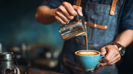 A skilled barista pours steamed milk into a coffee cup, creating latte art, amidst a warm and inviting cafe atmosphere that highlights the beauty of coffee craftsmanship.の素材