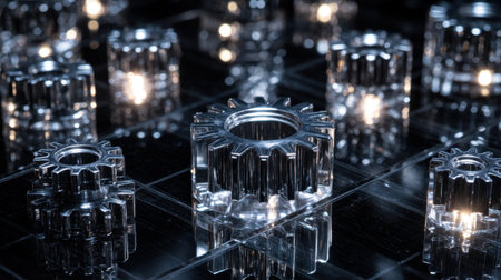 This captivating image features clear gears on a reflective surface, highlighting intricate designs and luminous details, perfect for industrial or artistic themes.の素材