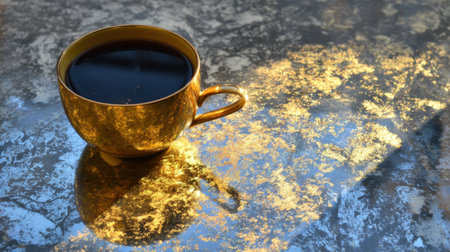 A beautifully crafted golden coffee cup sits atop a shimmering surface, capturing soft light and casting reflections that create a warm and inviting atmosphere for any coffee lover.の素材