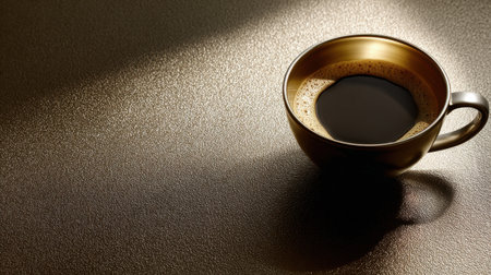 A sophisticated close-up of black coffee in a gold cup, showcasing its rich color and texture against a softly lit background, perfect for warmth and comfort themes.の素材