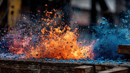A dynamic scene showcasing an explosion of colors and sparks in an artisan workshop, highlighting the intense interaction of fire, smoke, and powder in motion.の素材