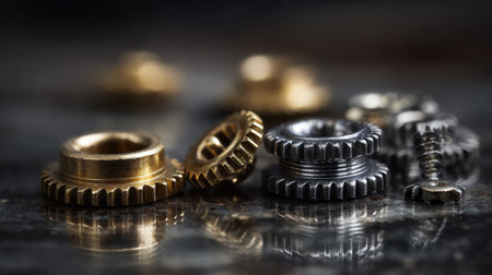 Detailed close-up image of metal gears and screws arranged on a dark surface, highlighting their intricate textures and reflective surfaces in an industrial environment.の素材