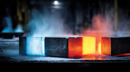A captivating image of metal blocks experiencing transformation in an industrial foundry, showcasing vibrant glow and steam, highlighting the energy and craftsmanship of the manufacturing process.の素材