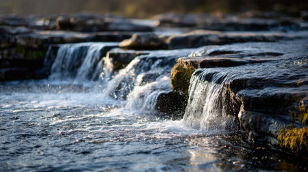 A serene view of a waterfall cascading over rocky formations, surrounded by nature. The sunlight creates a tranquil atmosphere, ideal for relaxation and reflection.の素材