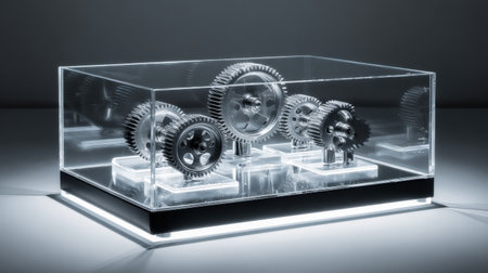 A sophisticated showcase highlighting intricate mechanical gears, combining elegance and industrial design, ideal for technology or engineering themes in various projects.の素材