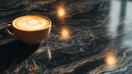A warm cup of coffee with stunning latte art sits on a glossy dark marble surface, illuminated by soft light, creating a peaceful and inviting atmosphere perfect for coffee lovers.の素材