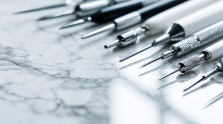 This image showcases a series of precision tools set against a marble surface, emphasizing their designs and tips that are perfect for various artistic and technical projects.の素材