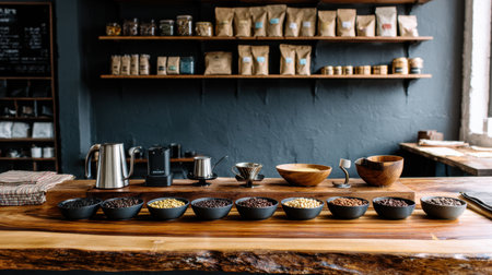 A beautifully arranged coffee tasting setup showcasing an array of beans and brewing tools on a rustic wooden counter, offering a cozy and inviting cafの素材