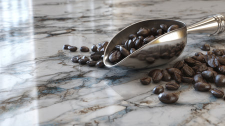 This image features a sleek metal scoop filled with rich coffee beans scattered on a luxurious marble surface, creating an inviting ambiance for coffee lovers and gourmet enthusiasts.の素材