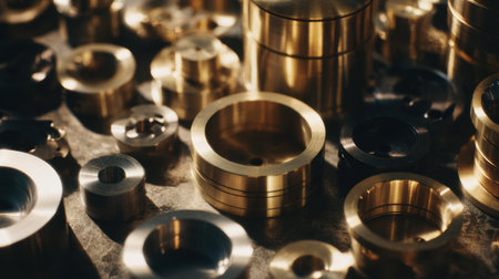 A captivating arrangement of various metal components in a workshop, featuring intricate designs and warm lighting that highlights the details and textures of each piece.の素材