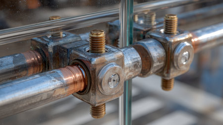 A detailed close-up of metal pipe fittings and bolts highlighting the intricate design and engineering used in industrial construction and machinery applications.の素材