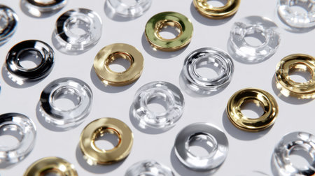 This image features an artistic arrangement of colorful metal grommets and clear plastic washers on a white background, showcasing their diverse shapes and finishes for craft applications.の素材