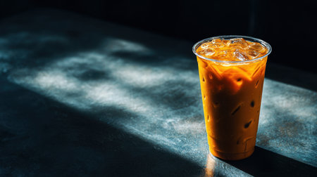 A delicious iced coffee drink sits in a clear plastic cup on a dark table. Beautiful shadows create a cozy feel, perfect for summer vibes and coffee lovers.の素材
