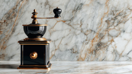 A beautifully crafted vintage coffee grinder in black and gold, showcasing exquisite design against a marble backdrop, ideal for enhancing kitchen aesthetics and coffee culture.の素材