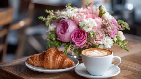Beautifully arranged coffee, croissant, and vibrant flowers create a cozy atmosphere perfect for a delightful breakfast experience in a charming cafの素材